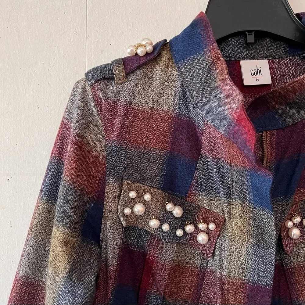 Cabi Plaid Collage Zip Front Jacket with Pearl Embellishment Style 3555 Medium